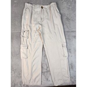 Cargo Gorpcore Linen Blend Pants Women M Neutral Wde Leg Elastic Waist Love Tree
